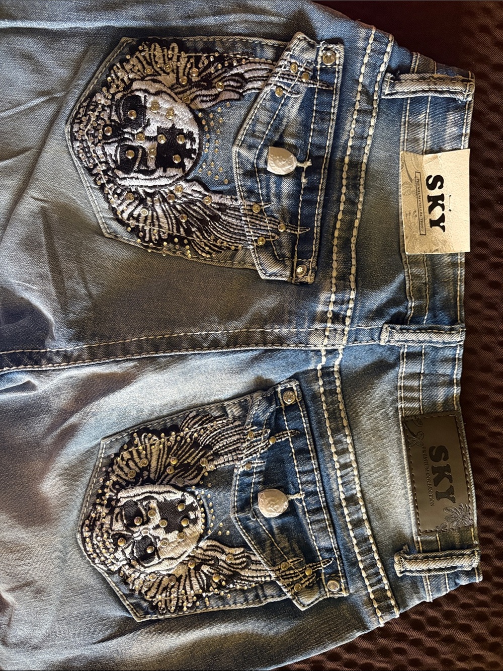 Shull with wings Halloween  Embellished Blue Denim pants with Studded Pocket